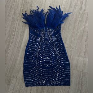 Strapless Royal Blue Feather & Rhinestone Evening Dress